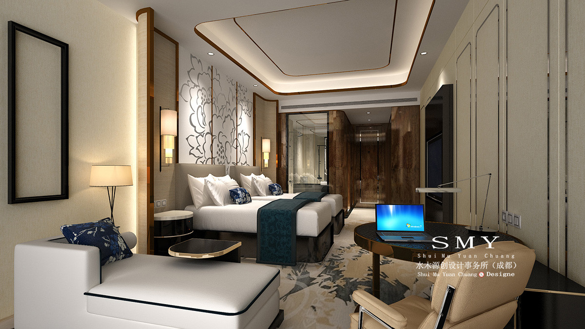 酒店客房設(shè)計(jì)，客房雙人床布置效果