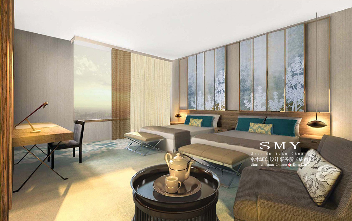 度假酒店豪華雙人間客房設(shè)計，雙人床室內(nèi)布置