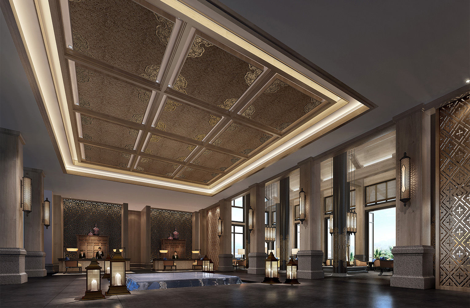 度假酒店接待大廳設(shè)計，裝飾效果圖