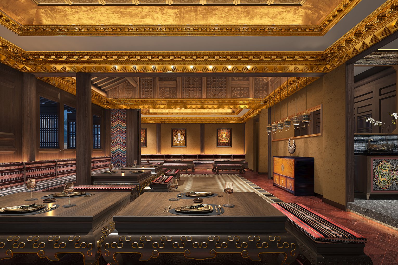 藏吧空間的塑造、原有的彝族文化、紋樣和金色線條來營造空間 、加入了一些現(xiàn)代的元素